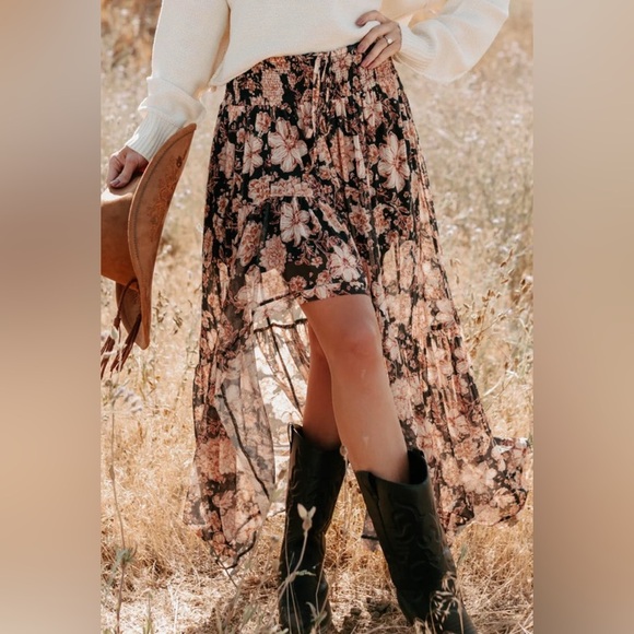 NWT Promesa Floral Print Asymmetrical High Low Hi/Lo Smocked Maxi Skirt - Picture 7 of 10